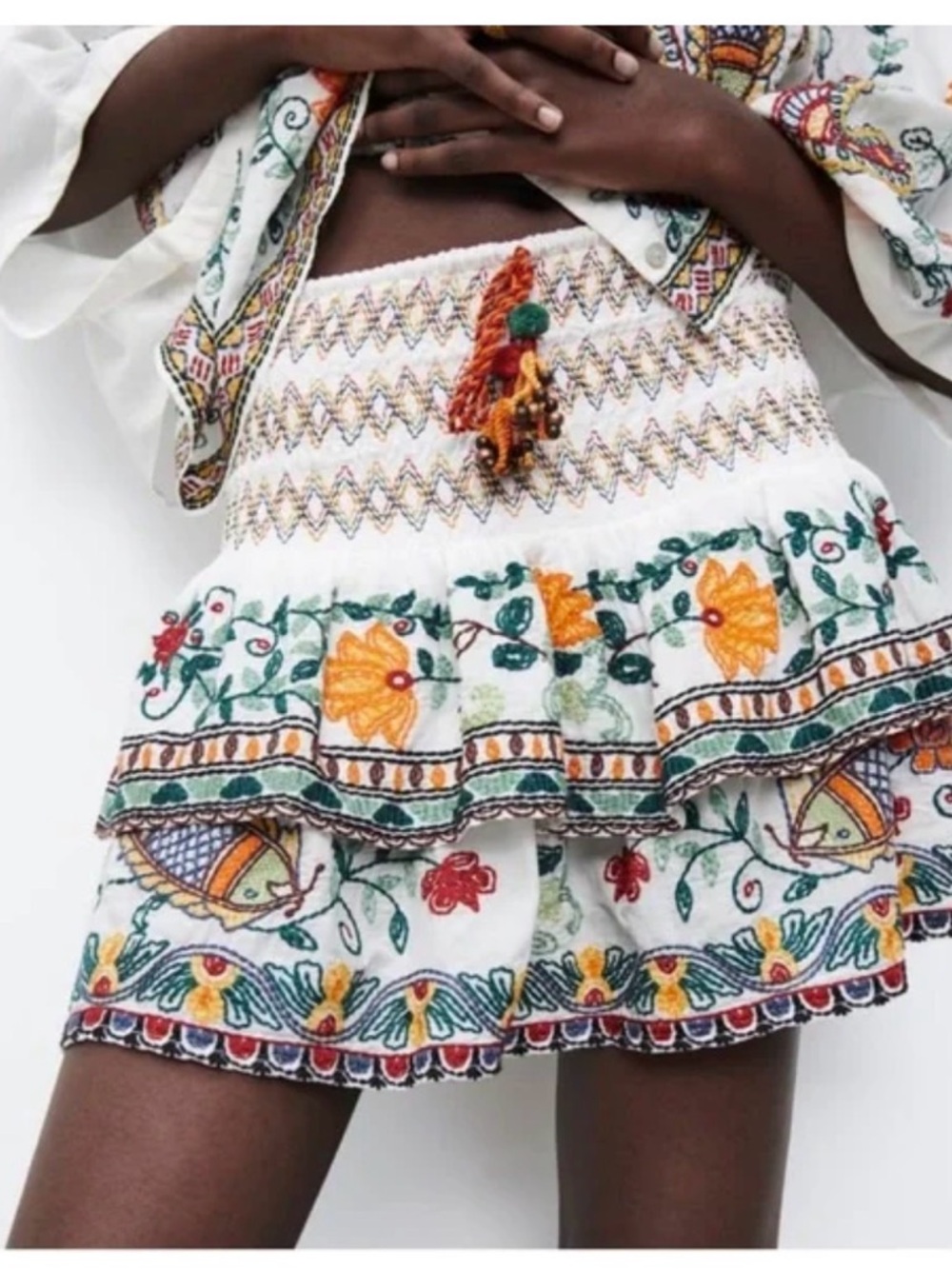 Zara White Embroidered Tiered Mini Skirt with Yellow & Green Floral Motif